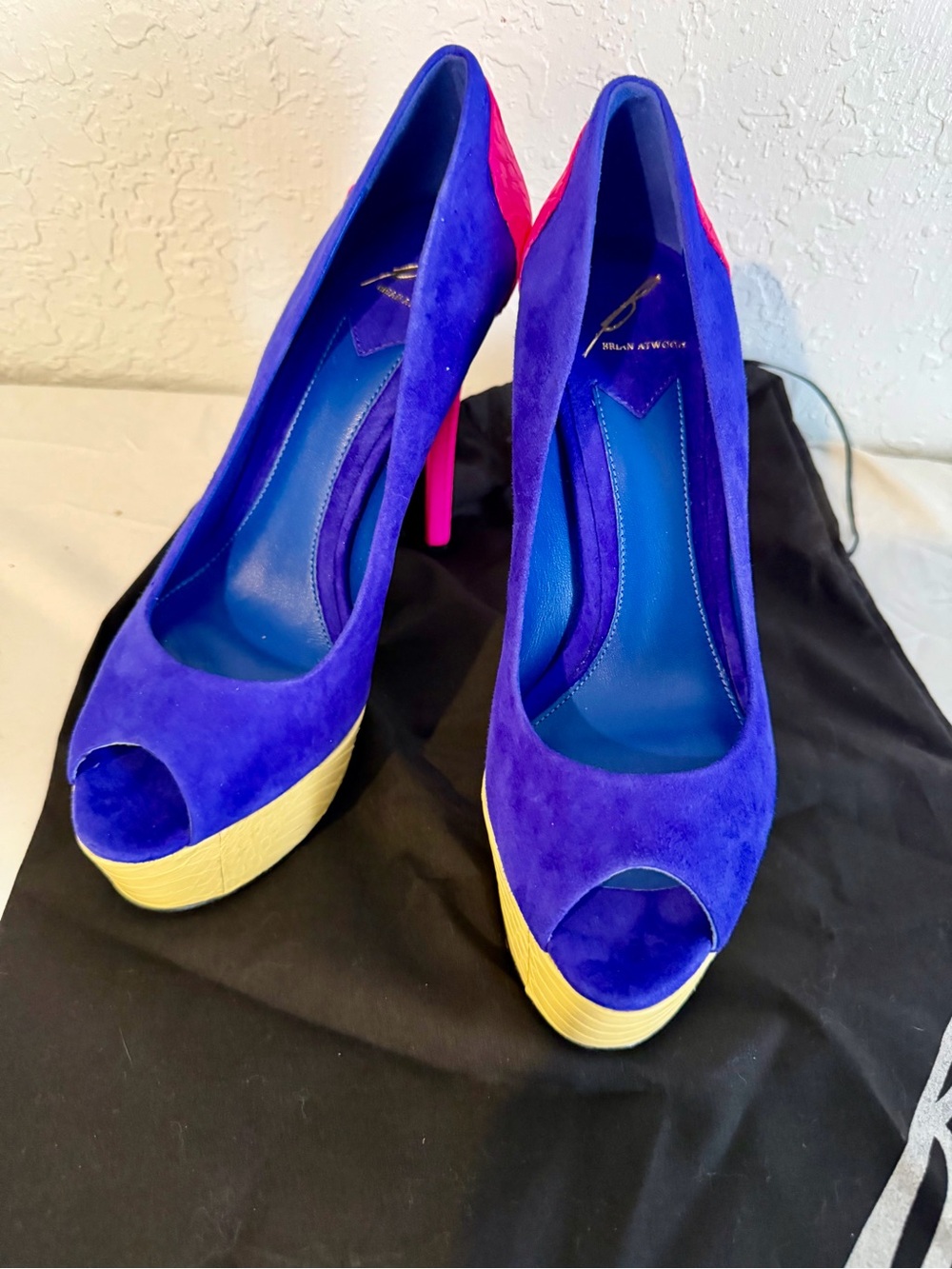 Brian Atwood Snakeskin and Suede Peep-Toe Platforms NWOT NEVER WORN